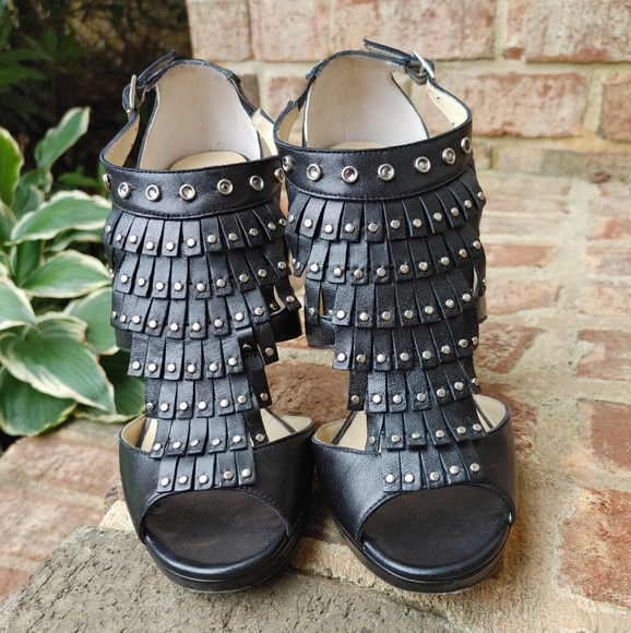 JIMMY CHOO BLACK LEATHER STUDDED FRINGE PLATFORM SANDALS, 39 - Picture 5 of 16